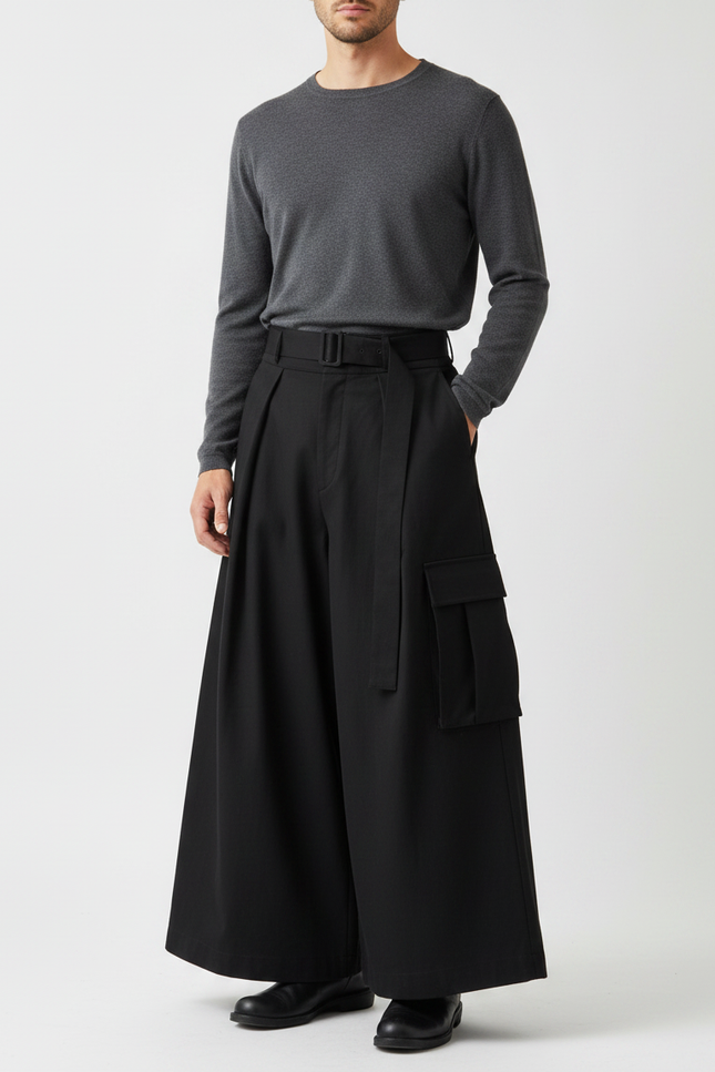 Pantalon Japonais Ample Noir Cargo Moderne Ceinturé - Polyester