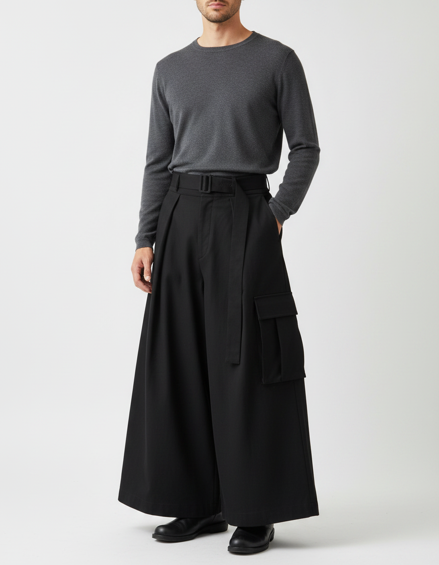 Pantalon Japonais Ample Noir Cargo Moderne Ceinturé - Polyester