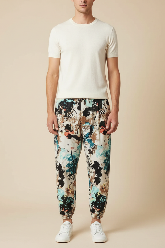 Pantalon Japonais Imprimé Floral Ample Coton Léger