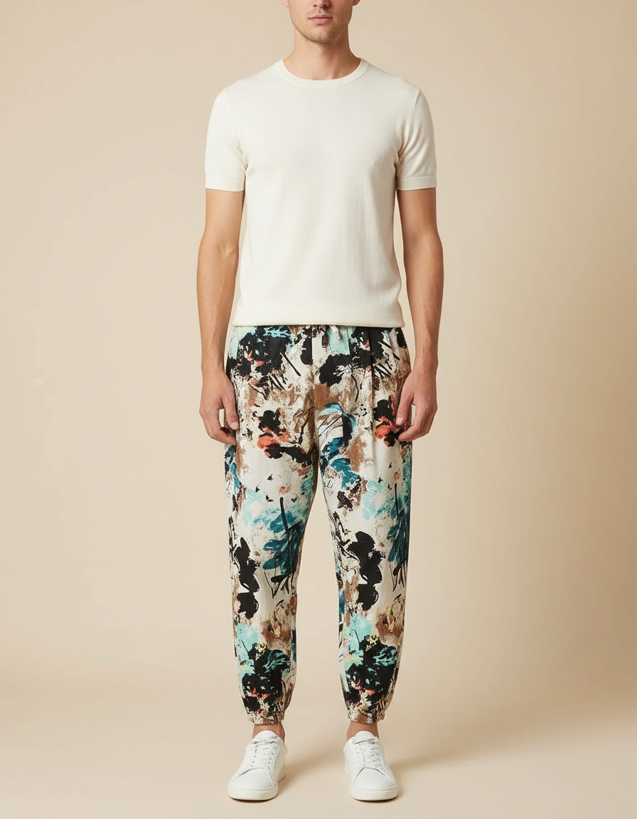 Pantalon Japonais Imprimé Floral Ample Coton Léger