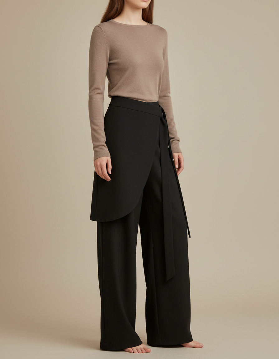 Pantalon Japonais Noir Fluide Asymétrique Élégant Large - Viscose