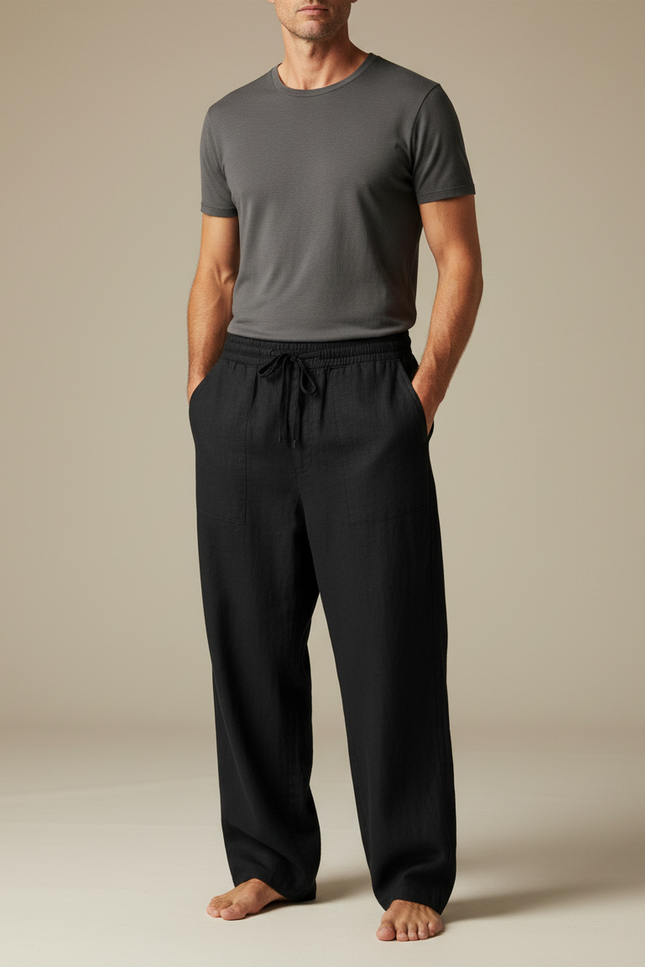 Pantalon Japonais Noir Lin Ample Cordon Fluide