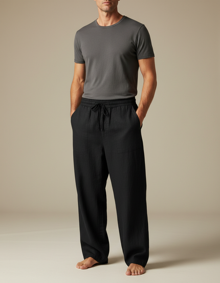 Pantalon Japonais Noir Lin Ample Cordon Fluide