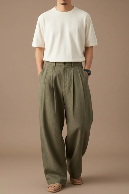 Pantalon Japonais Vert Ample Plissé Décontracté Homme - Kaki Lin