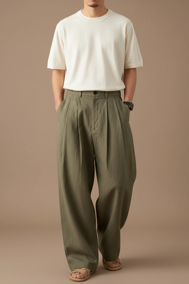 Pantalon Japonais Vert Ample Plissé Décontracté Homme - Kaki Lin