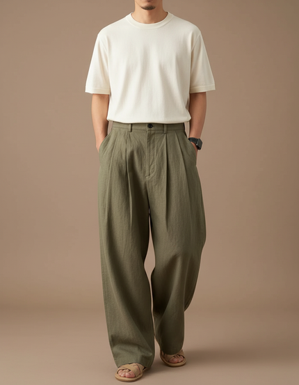 Pantalon Japonais Vert Ample Plissé Décontracté Homme - Kaki Lin