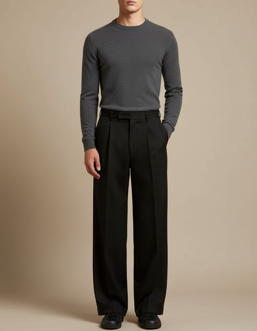 Pantalon Japonais Noir Ample Droit Élégant Homme - Gabardine