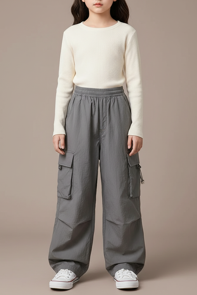 Pantalon Japonais Cargo Gris Ample Décontracté Enfant - Polyester