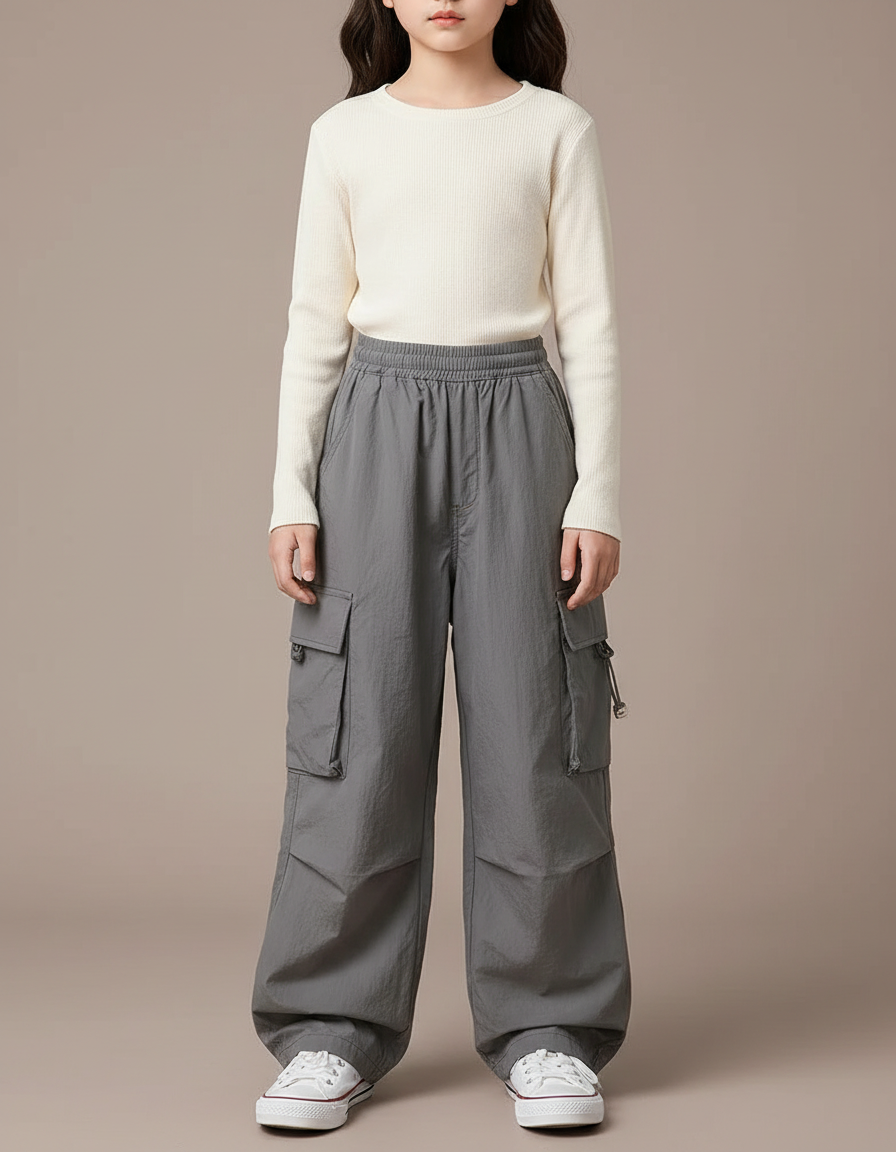Pantalon Japonais Cargo Gris Ample Décontracté Enfant - Polyester