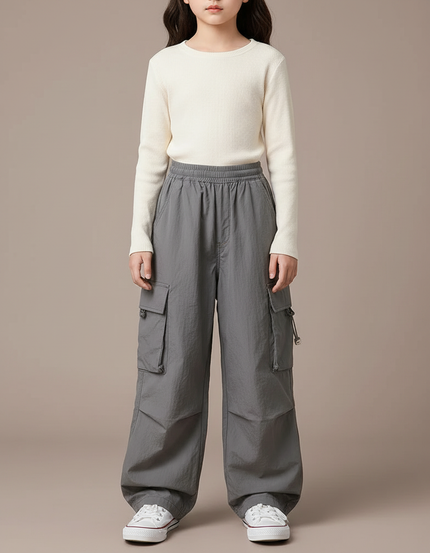 Pantalon Japonais Cargo Gris Ample Décontracté Enfant - Polyester