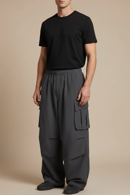 Pantalon Japonais Cargo Gris Ample Décontracté Homme - Polyester
