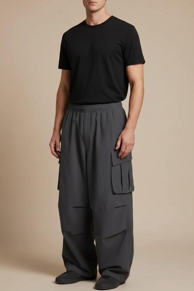 Pantalon Japonais Cargo Gris Ample Décontracté Homme - Polyester