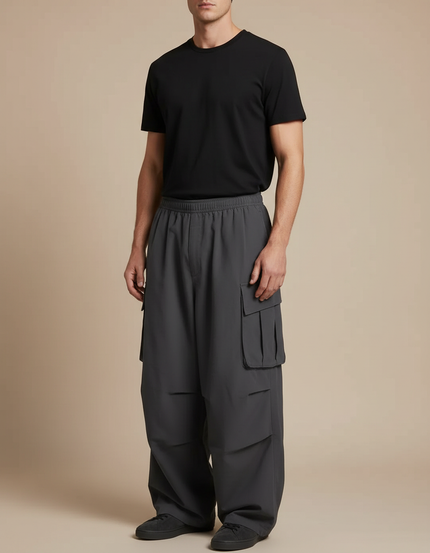 Pantalon Japonais Cargo Gris Ample Décontracté Homme - Polyester