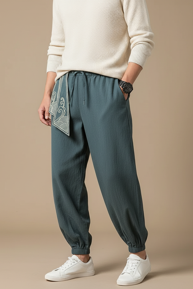 Pantalon Japonais Harem Vert Dragon Brodé Coton Fluide