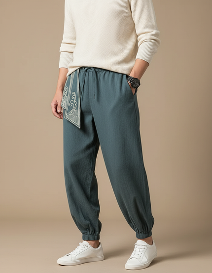 Pantalon Japonais Harem Vert Dragon Brodé Coton Fluide