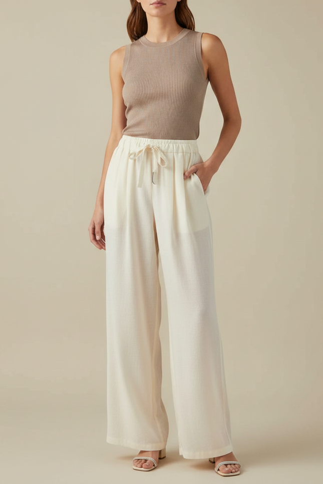 Pantalon Japonais Crème Ample Fluide Décontracté - Beige Lin