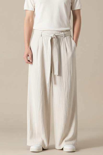 Pantalon Japonais Écru Ample Coton Lin Fluide Décontracté - Beige