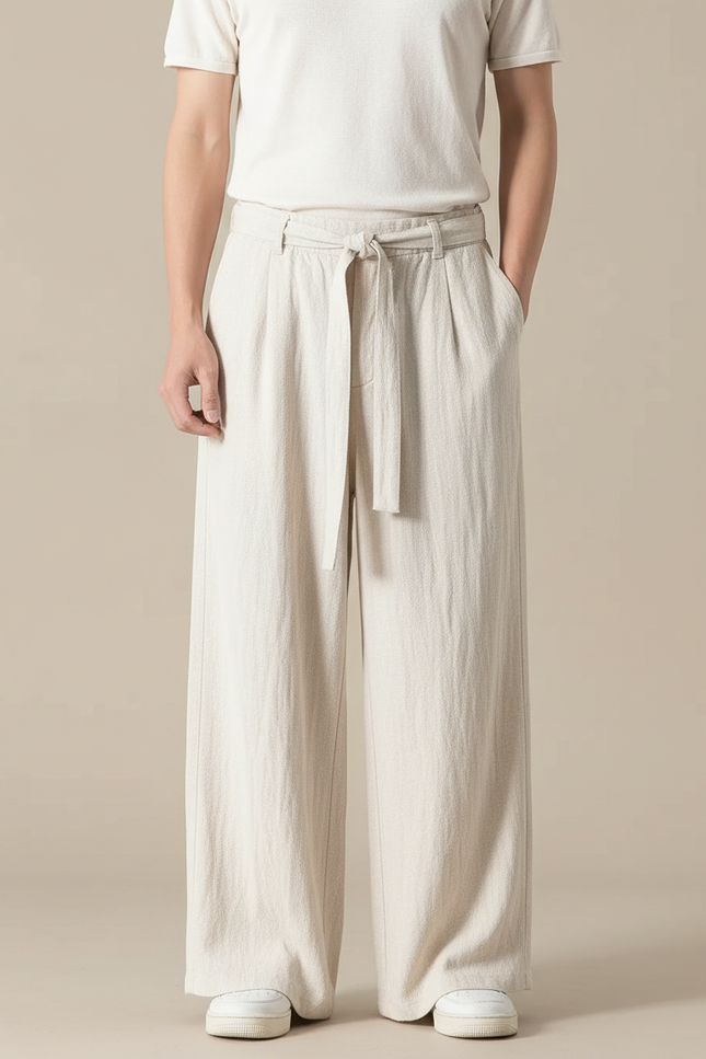 Pantalon Japonais Écru Ample Coton Lin Fluide Décontracté - Beige