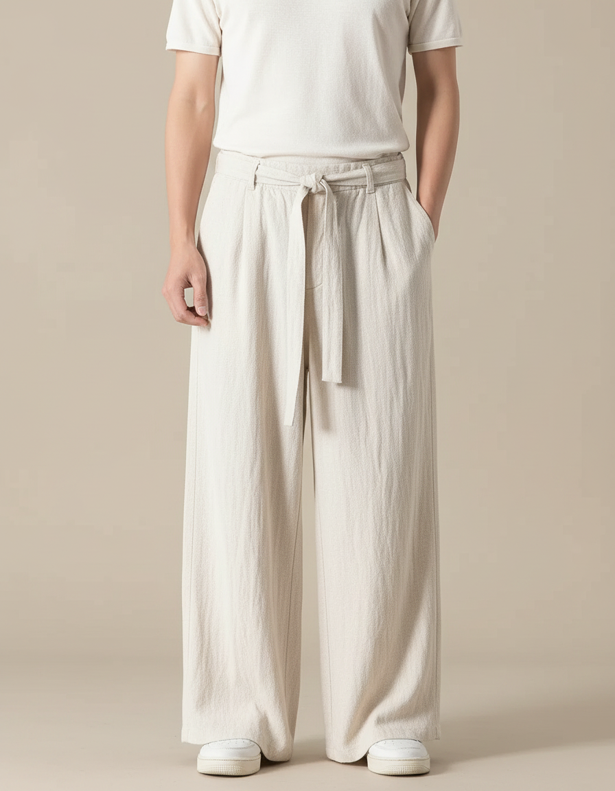Pantalon Japonais Écru Ample Coton Lin Fluide Décontracté - Beige