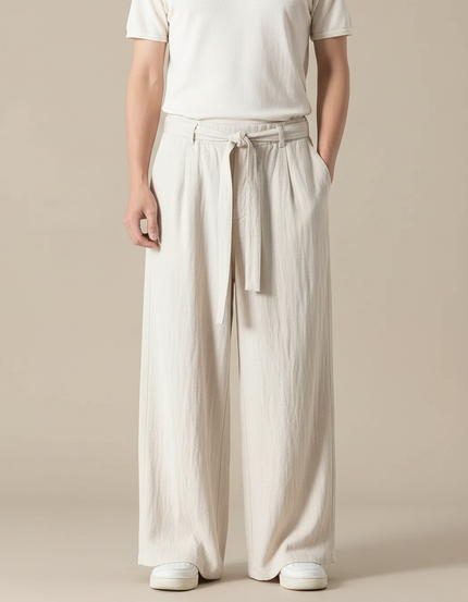 Pantalon Japonais Écru Ample Coton Lin Fluide Décontracté - Beige