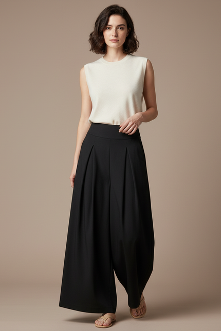 Pantalon Japonais Noir Ample Plissé Fluide - Polyester
