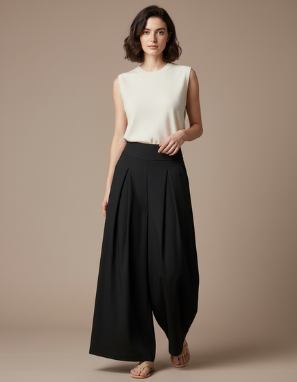 Pantalon Japonais Noir Ample Plissé Fluide - Polyester