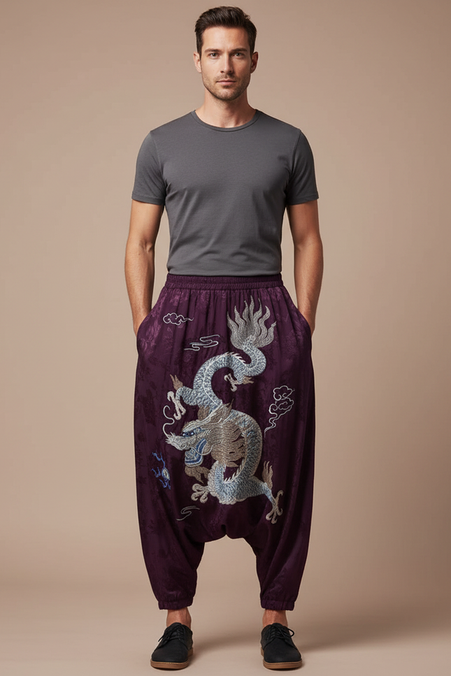 Pantalon Japonais Violet Satin Dragon Brodé Ample