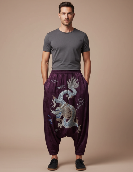 Pantalon Japonais Violet Satin Dragon Brodé Ample