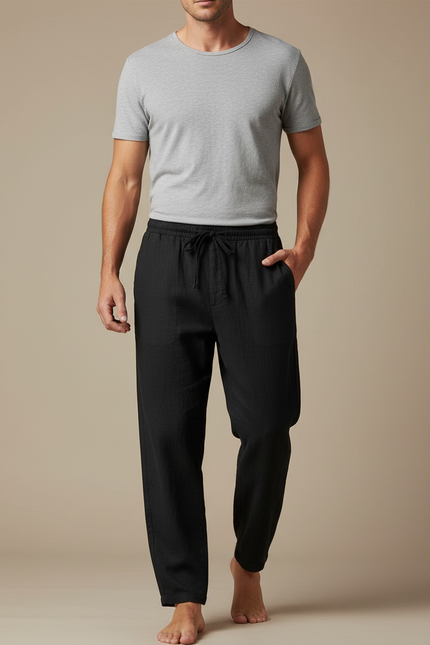 Pantalon Japonais Noir Lin Ample Cordon Homme