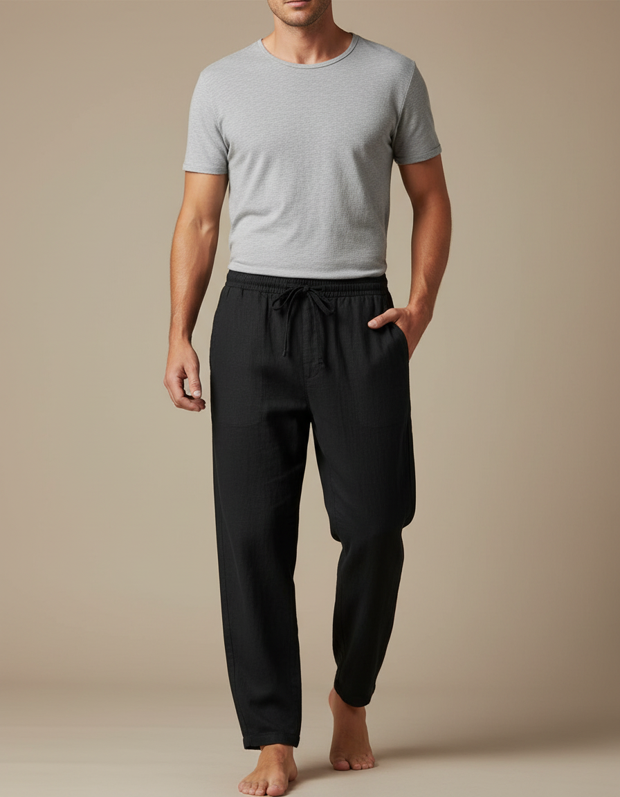 Pantalon Japonais Noir Lin Ample Cordon Homme