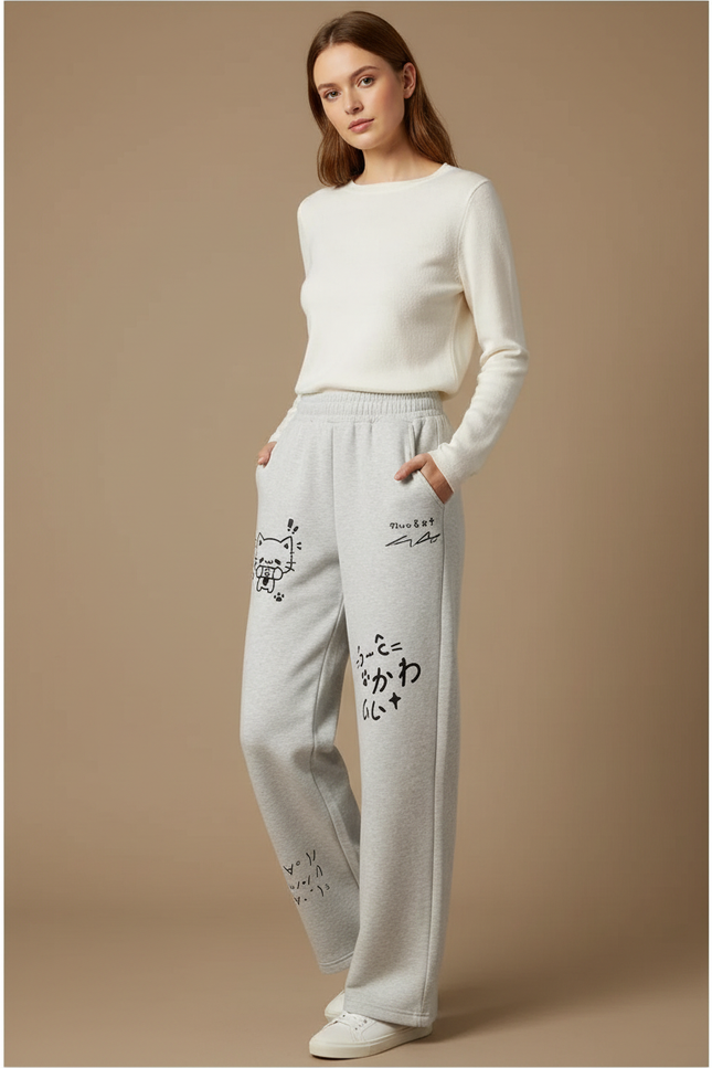 Pantalon Japonais Gris Ample Motif Chat Décontracté - Molleton