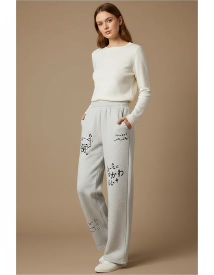 Pantalon Japonais Gris Ample Motif Chat Décontracté - Molleton