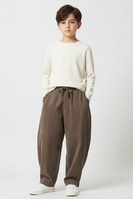 Pantalon Japonais Marron Ample Côtelé Confortable Enfant - Cordé