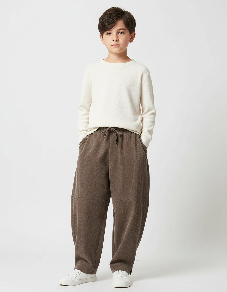 Pantalon Japonais Marron Ample Côtelé Confortable Enfant - Cordé