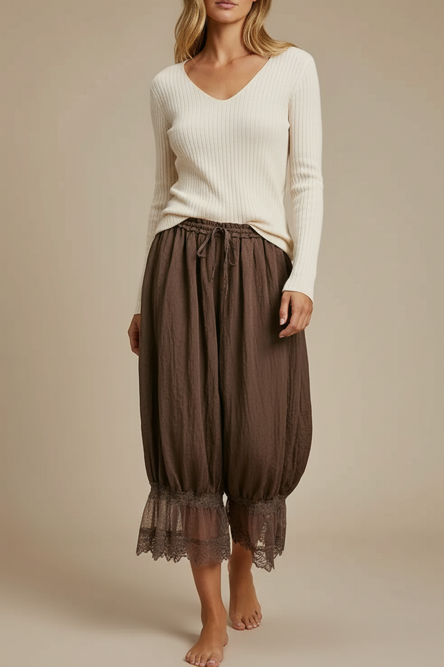 Pantalon Japonais Marron Ample Élastique Dentelle Femme - Lin