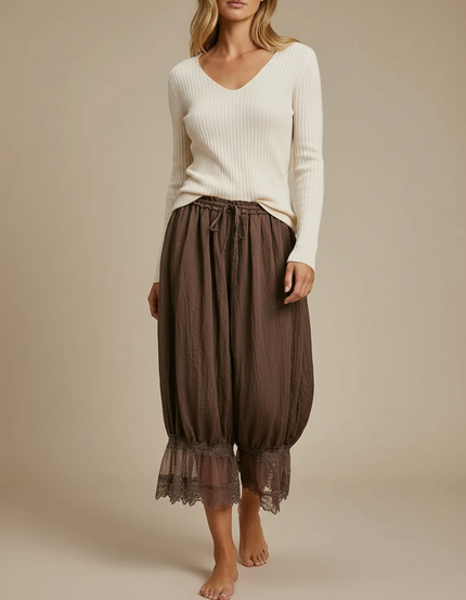 Pantalon Japonais Marron Ample Élastique Dentelle Femme - Lin