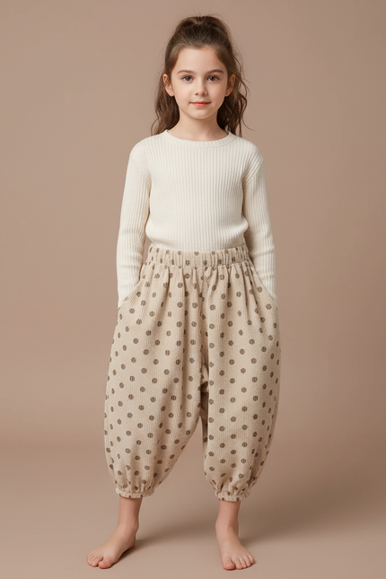 Pantalon Japonais Beige Côtelé Pois Ample Enfant - Cordé