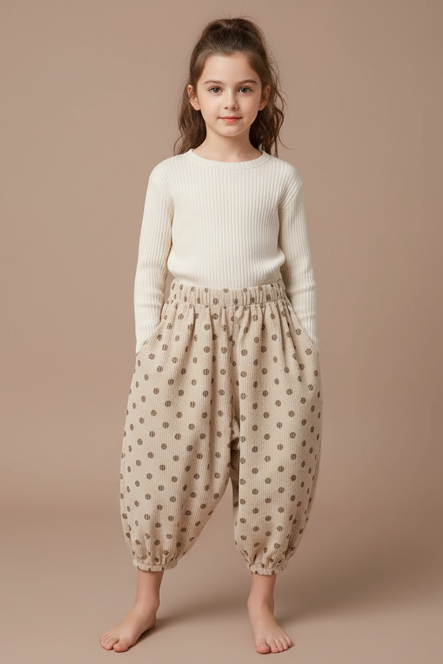 Pantalon Japonais Beige Côtelé Pois Ample Enfant - Cordé