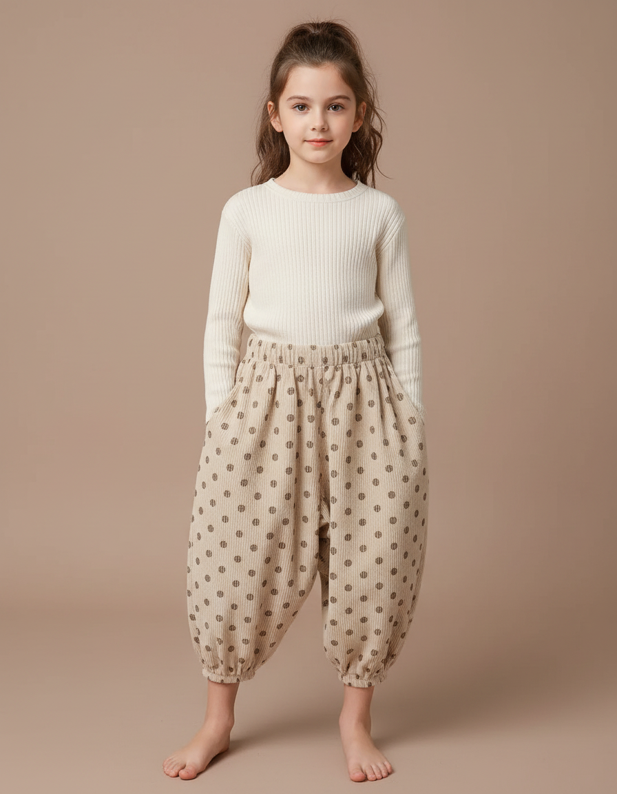 Pantalon Japonais Beige Côtelé Pois Ample Enfant - Cordé