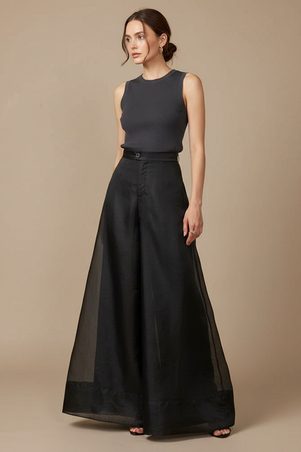Pantalon Japonais Noir Organza Ample Fluide Taille Haute - Soie