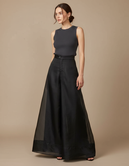 Pantalon Japonais Noir Organza Ample Fluide Taille Haute - Soie
