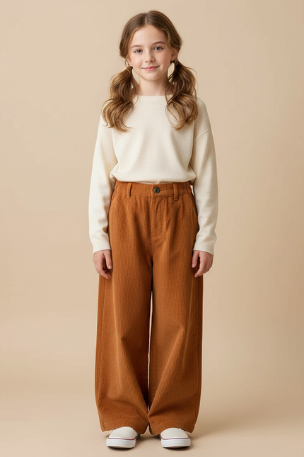 Pantalon Japonais Marron Côtelé Ample Droit Enfant - Cordé