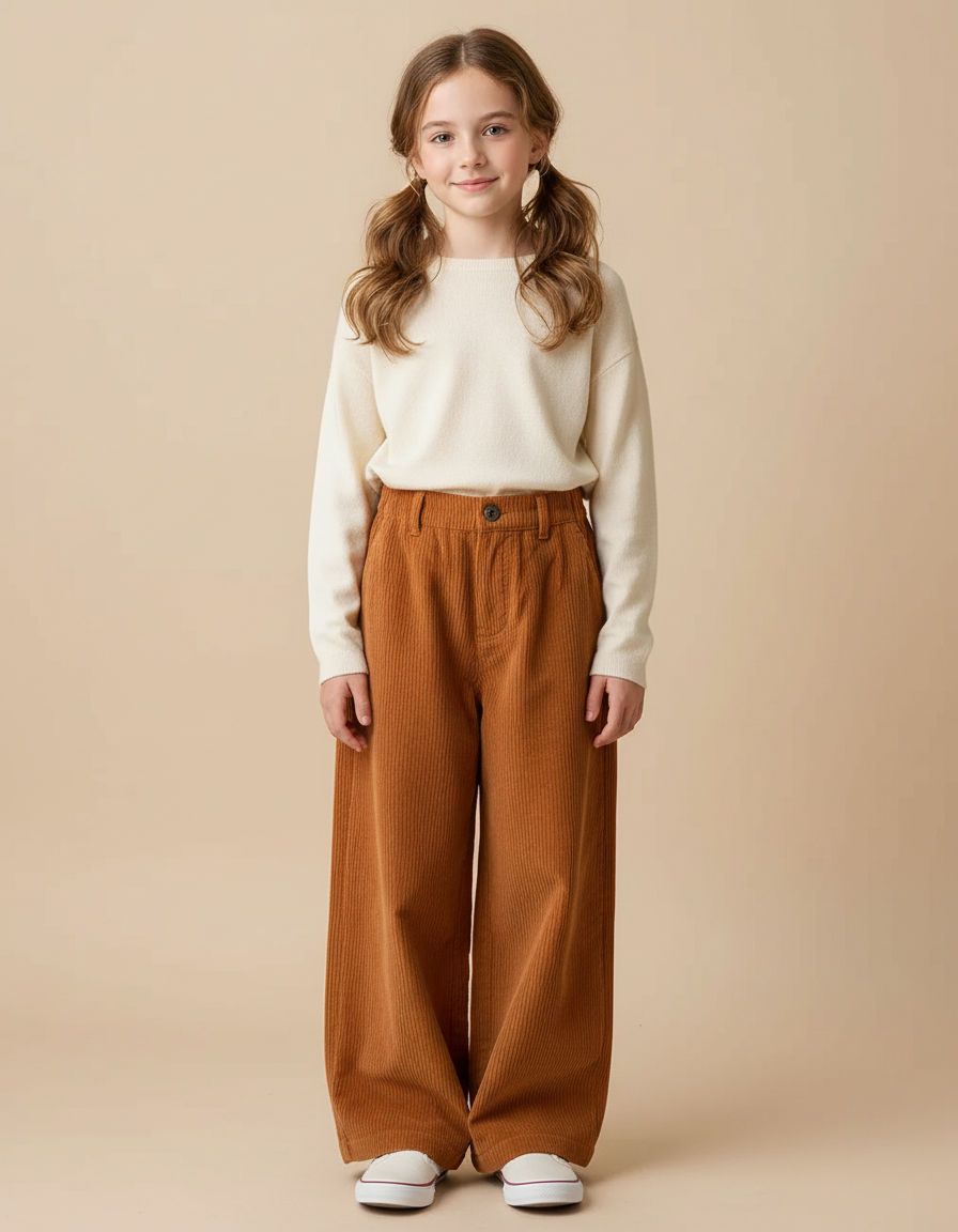 Pantalon Japonais Marron Côtelé Ample Droit Enfant - Cordé