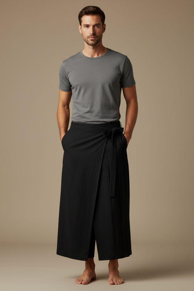 Pantalon Japonais Noir Ample Croisé Coton Homme