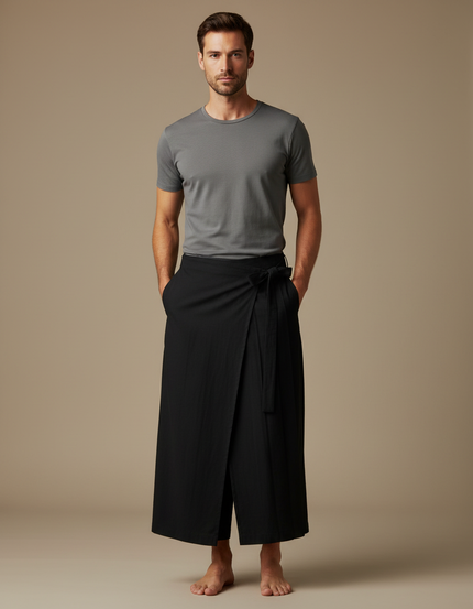 Pantalon Japonais Noir Ample Croisé Coton Homme