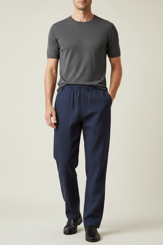 Pantalon Japonais Bleu Marine Lin Ample Décontracté Homme