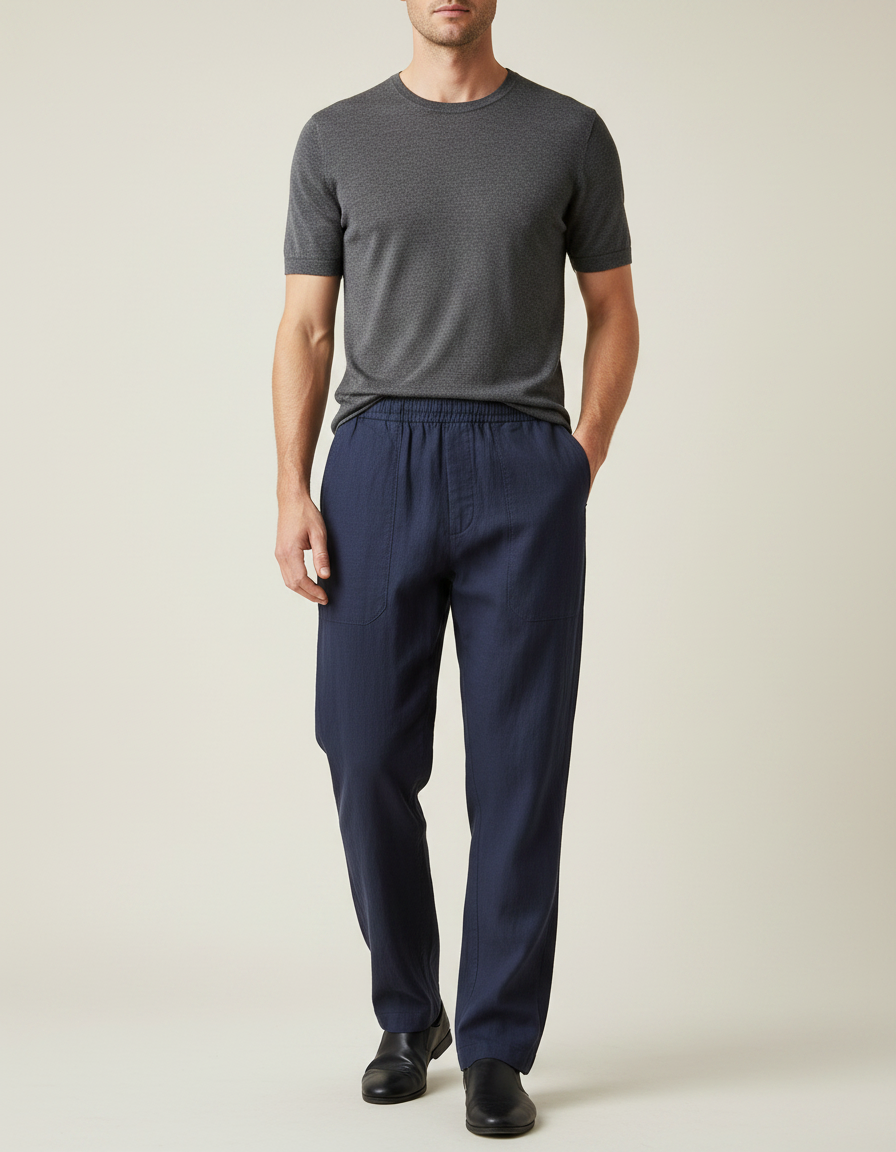 Pantalon Japonais Bleu Marine Lin Ample Décontracté Homme