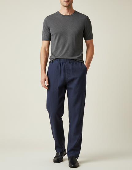 Pantalon Japonais Bleu Marine Lin Ample Décontracté Homme