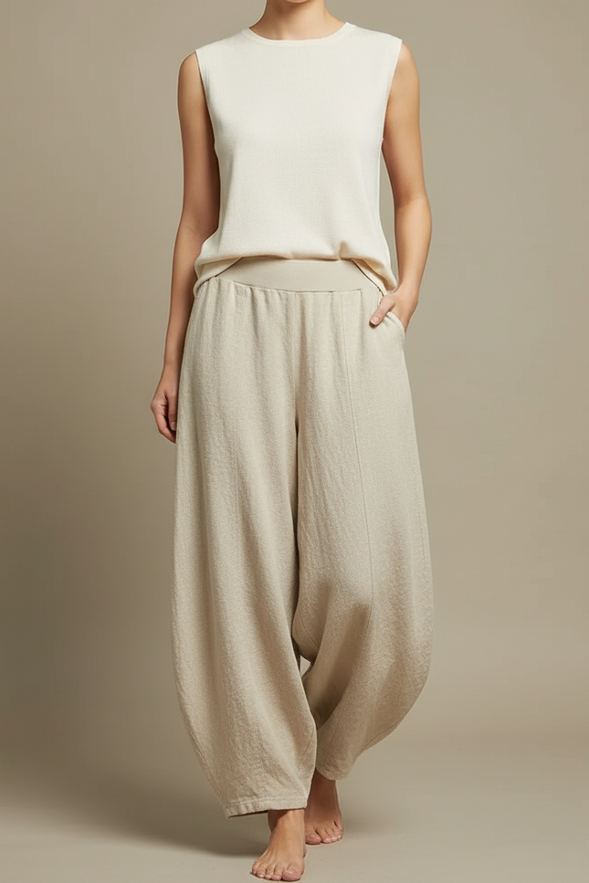 Pantalon Japonais Beige Ample Coton Fluide Femme - Lin