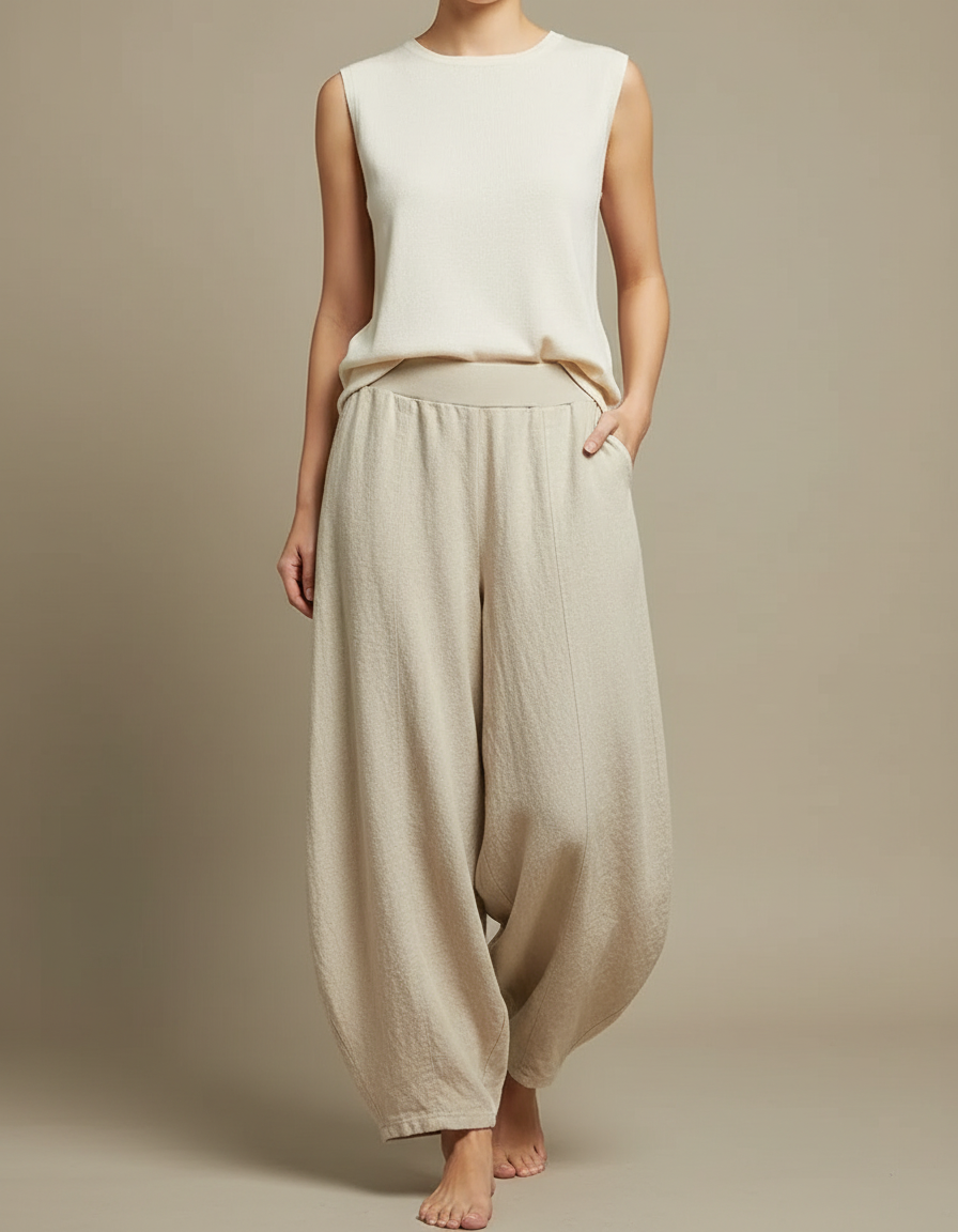 Pantalon Japonais Beige Ample Coton Fluide Femme - Lin